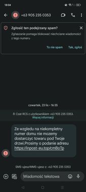 Przykładowy, fałszywy SMS