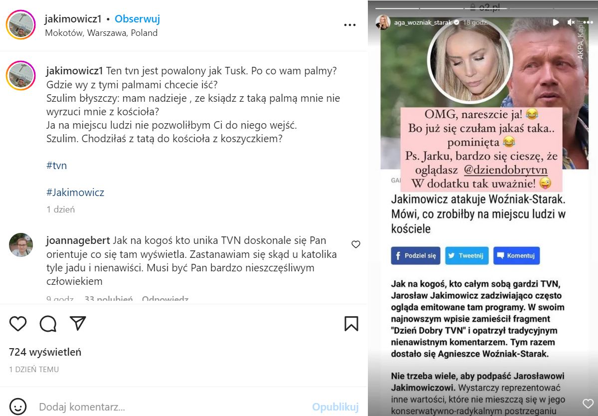 Jakimowicz zaczepił Woźniak-Starak na Instagramie