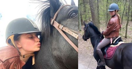 Całuśna Julia Wieniawa ujeżdża konia w lesie. "MOJA MIŁOŚĆ I PASJA" (FOTO)