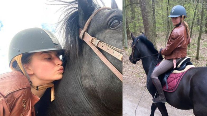 Całuśna Julia Wieniawa ujeżdża konia w lesie. "MOJA MIŁOŚĆ I PASJA" (FOTO)
