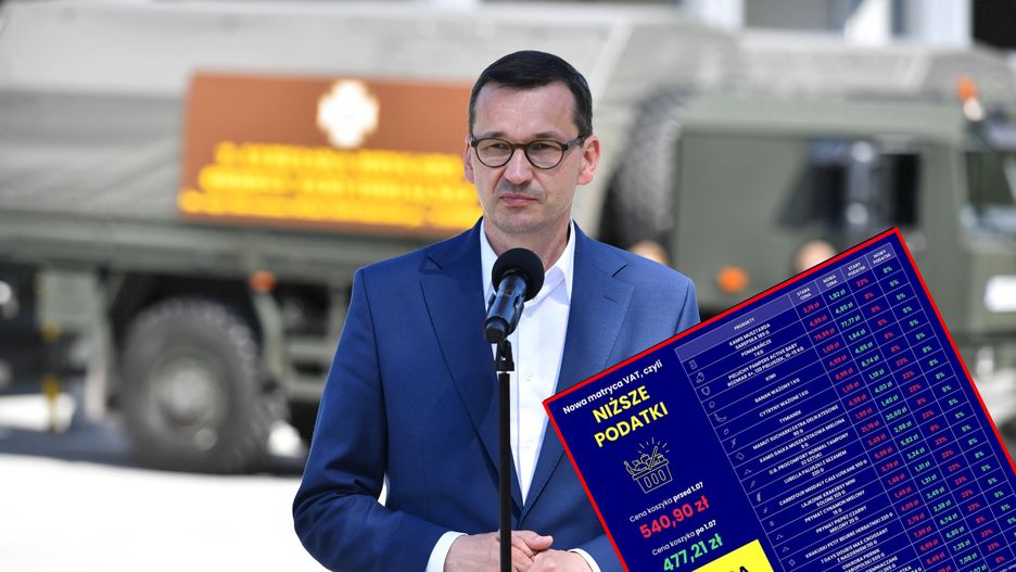 Premier Mateusz Morawiecki przedstawia swój koszyk w związku z nową matrycą VAT i zalicza wpadkę.
