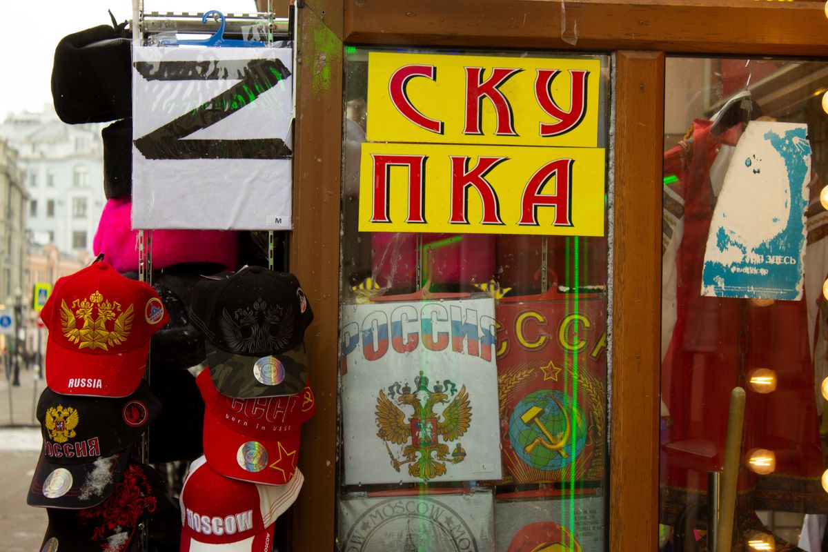 MOSCOW, RUSSIA - 2022/03/27: Symbol âZâ is seen on a stall of a souvenir shop in Moscow. In Russia, the letter âZâ became a symbol of approval for Russiaâs military campaign in Ukraine. Initially seen on Russian military vehicles in Ukraine, the letter denotes belonging to a particular military district of the Russian Federation, according to one, albeit uncorroborated, theory. In some parts of the country, it is displayed on billboards. Sometimes, people use handmade âZsâ to decorate their vehicles demonstrating their support for the Russian military forces fighting in Ukraine. (Photo by Vlad Karkov/SOPA Images/LightRocket via Getty Images)