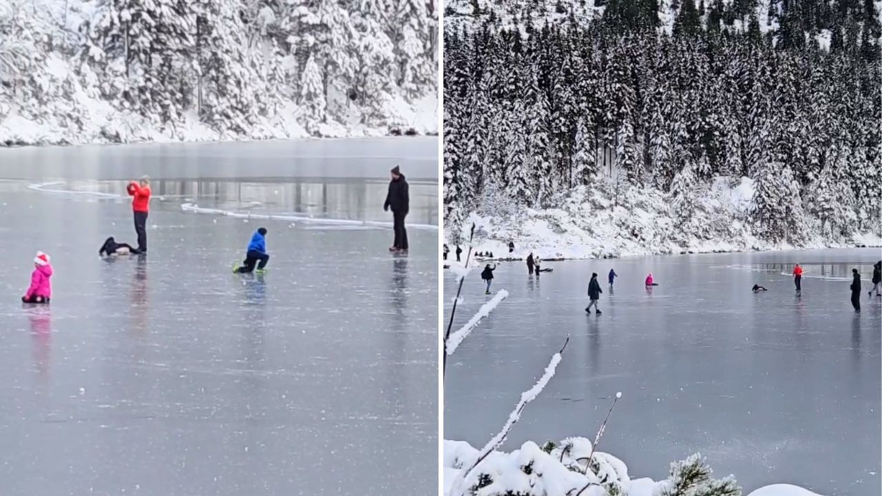 Sceny nad Morskim Okiem. Turyści z dziećmi zrobili sobie lodowisko