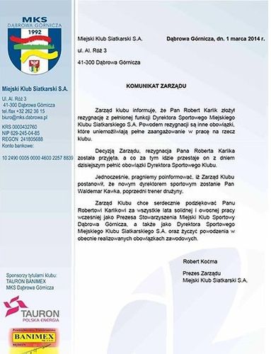 Oficjalny komunikat ze strony mks.dabrowa.pl