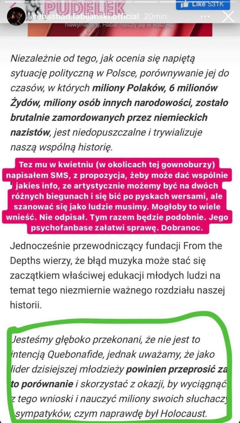 Sebastian Fabijański żali się na Quebonafide