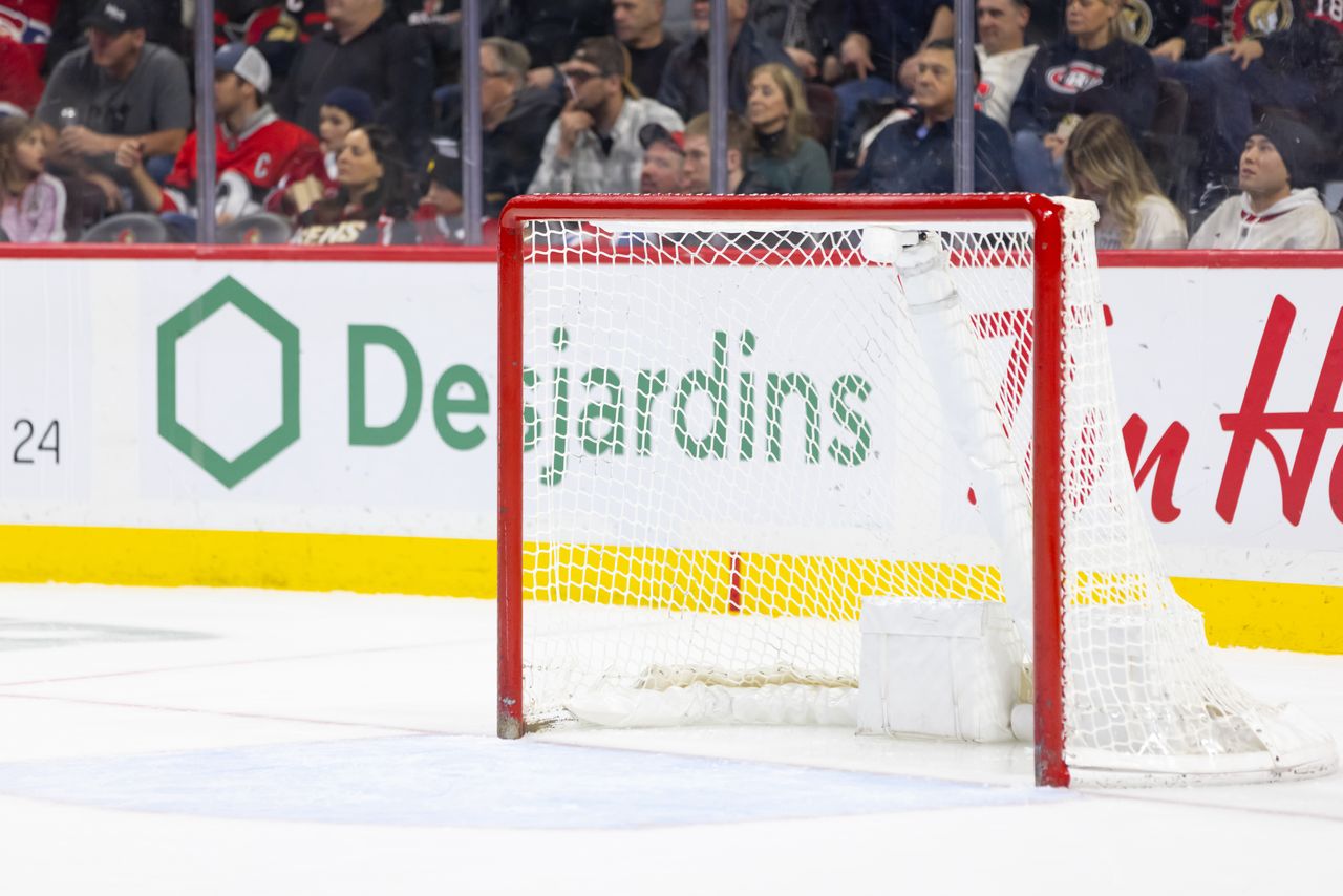 OTTAWA, ON - JANUARY 18: An empty net after the goalie was pulled for an extra attacker during third period National Hockey League action between the Montreal Canadiens and Ottawa Senators on January 18, 2024, at Canadian Tire Centre in Ottawa, ON, Canada. (Photo by Richard A. Whittaker/Icon Sportswire via Getty Images)