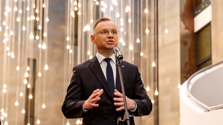 President of Poland, Andrzej Duda visits Krakow Technological Park (KTP) on his tour in the Lesser Poland region in Krakow, Poland on March 27, 2024. The President congratulates AGH and KPT jointly leading the Polish branch of the NATO defense innovation accelerator as part of the DIANA security program. (Photo by Dominika Zarzycka/NurPhoto via Getty Images)