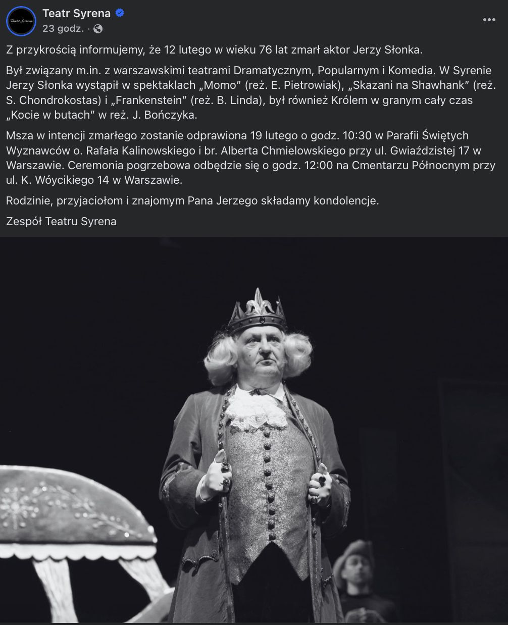 Post informujący o śmierci Jerzego Słonki