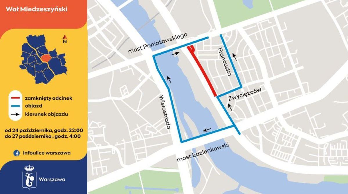 Warszawa: Zamknięty Wał Miedzeszyński i objazdy przy moście Poniatowskiego