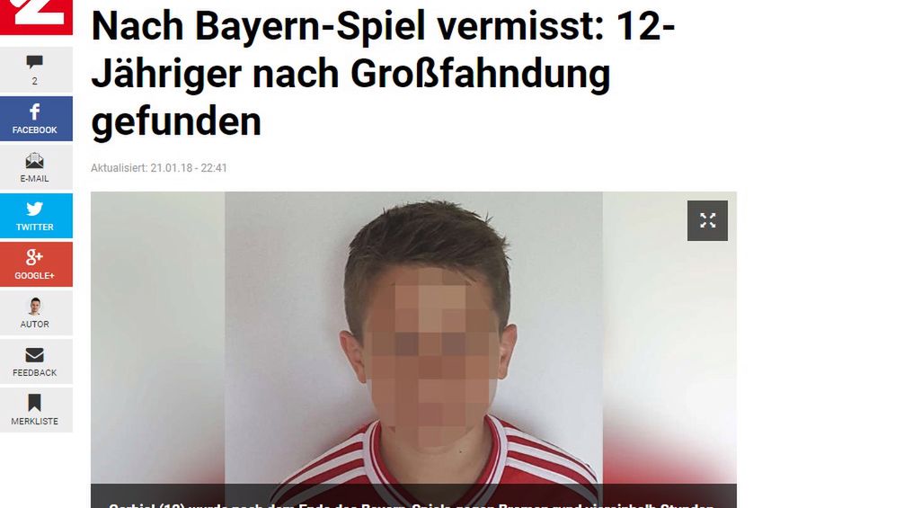 Zdjęcie okładkowe artykułu: Materiały prasowe / TZ.de / Na zdjęciu: Zaginiony kibic Bayernu
