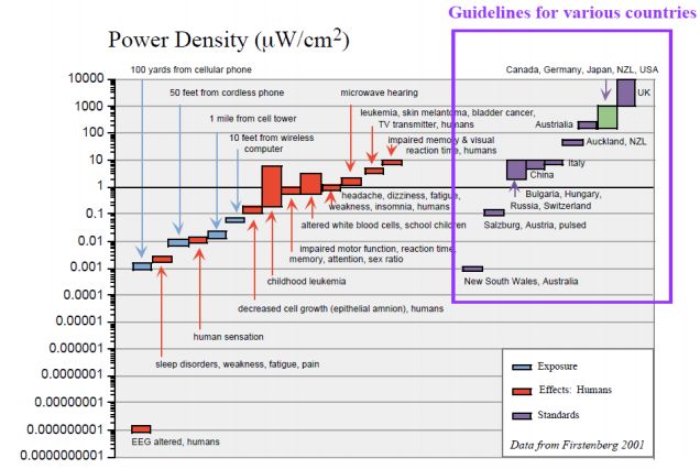 Wytyczne, dawki i efekty promieniowania przy różnej gęstości mocy (źródło: raport „Cell phone towers radiation hazard” dla rządu Bengalu Zachodniego (Indie))