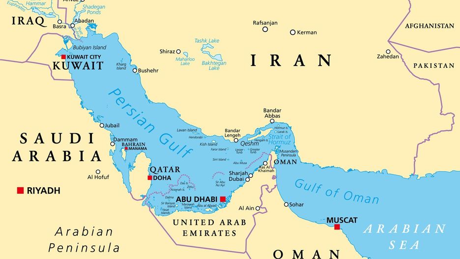 Persian Gulf region, Strait of Hormuz, and Gulf of Oman, political map