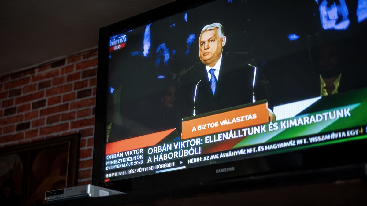 BUDAPEST, HUNGARY - FEBRUARY 14: A screen displaying Hungarian Prime Minister Viktor Orban delivering his annual review speech, which was not open to media, on February 14, 2026 in Budapest, Hungary. Hungary's parliamentary elections will be held on April 12 of this year. (Photo by Janos Kummer/Getty Images)
