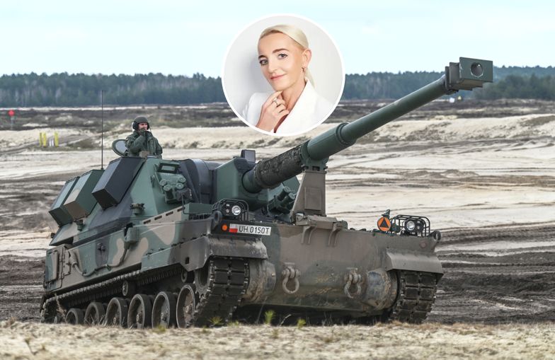 Na zdjęciu polska armatohaubica Krab, w kółku wiceprezes BGK Marta Postuła