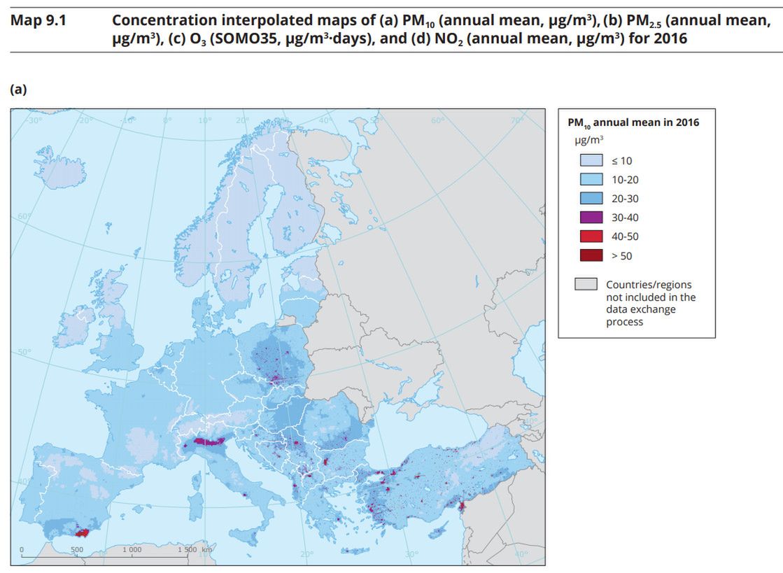 Polska należy do państw UE z najbardziej zanieczyszczonym powietrzem. Mapa przedstawia całoroczną ekspozycję na najważniejsze czynniki.