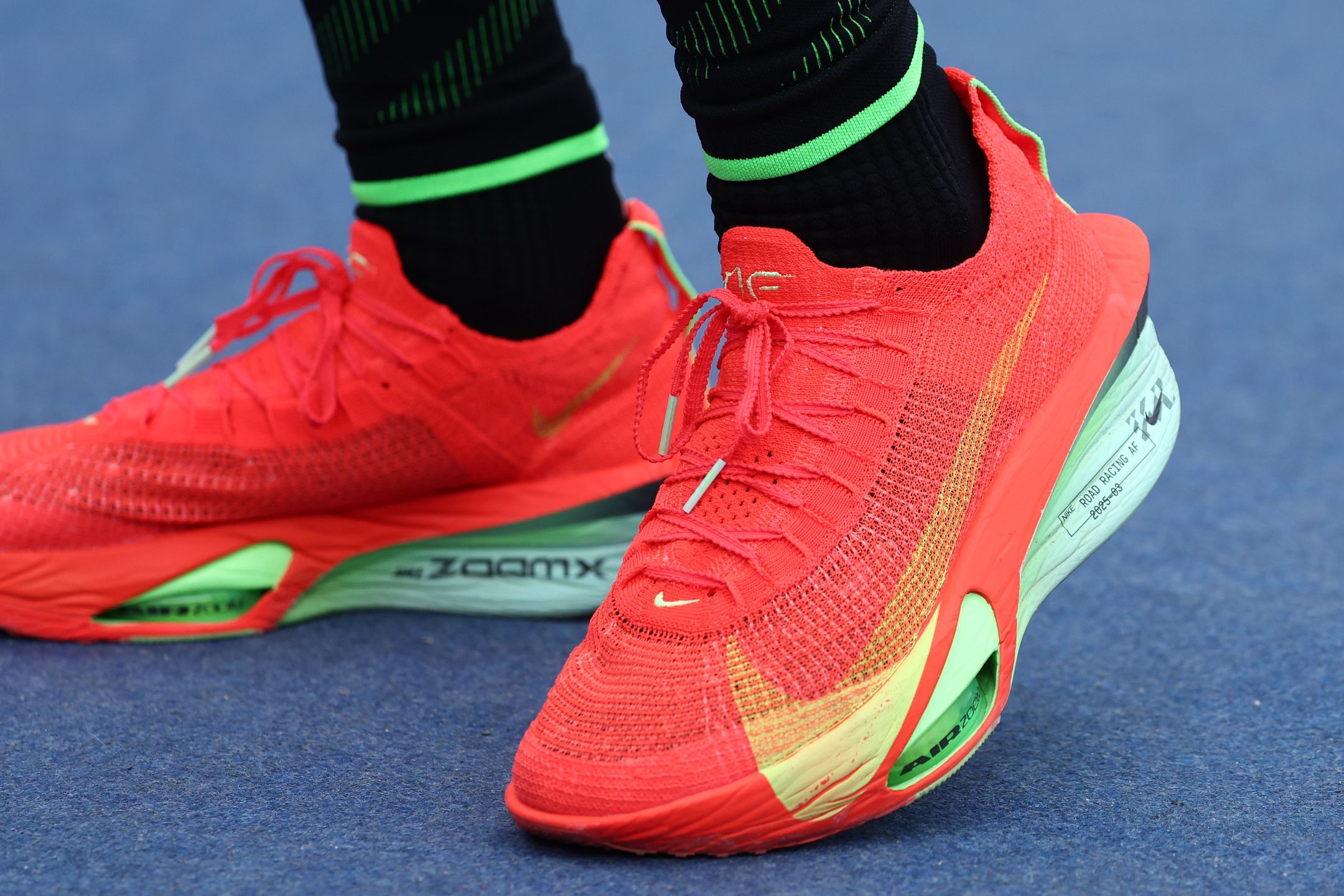 Nike Alphafly 3 shoes wearing by a runner are seen during Cracovia Maraton in Krakow, Poland on April 6, 2025. (Photo by Jakub Porzycki/NurPhoto via Getty Images)