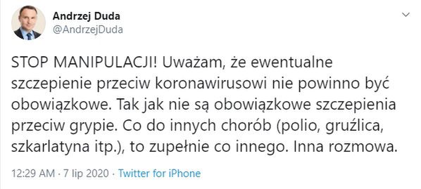 Andrzej Duda komentuje swoje stanowisko w sprawie obowiązkowych szczepień