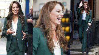Kate Middleton w zielonym garniturze zaraża uśmiechem, odwiedzając fabrykę tekstyliów (ZDJĘCIA)