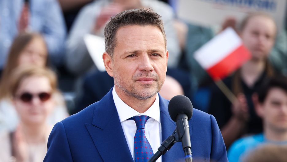 Rafal Trzaskowski, the mayor o Warsaw and the candidate of the Civic Platform (PO) in the upcoming presidential election, attends a campaign rally in Katowice, Poland on April 23, 2025. (Photo by Beata Zawrzel/NurPhoto via Getty Images)