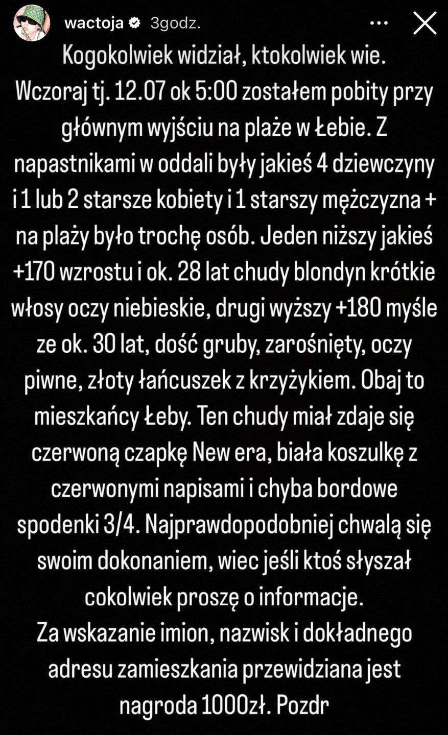 Polski raper pobity w Łebie. Wac Toja prosi internautów o pomoc