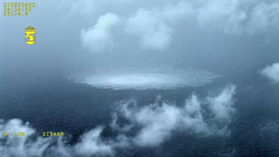 Wyciek z gazoci?gu Nord StreamIn this picture provided by Swedish Coast Guard, the gas leak in the Baltic Sea from Nord Stream photographed from the Coast Guard's aircraft on Wednesday, Sept. 27, 2022. A fourth leak on the Nord Stream pipelines has been reported off southern Sweden. Earlier, three leaks had been reported on the two underwater pipelines running from Russia to Germany. (Swedish Coast Guard via AP)