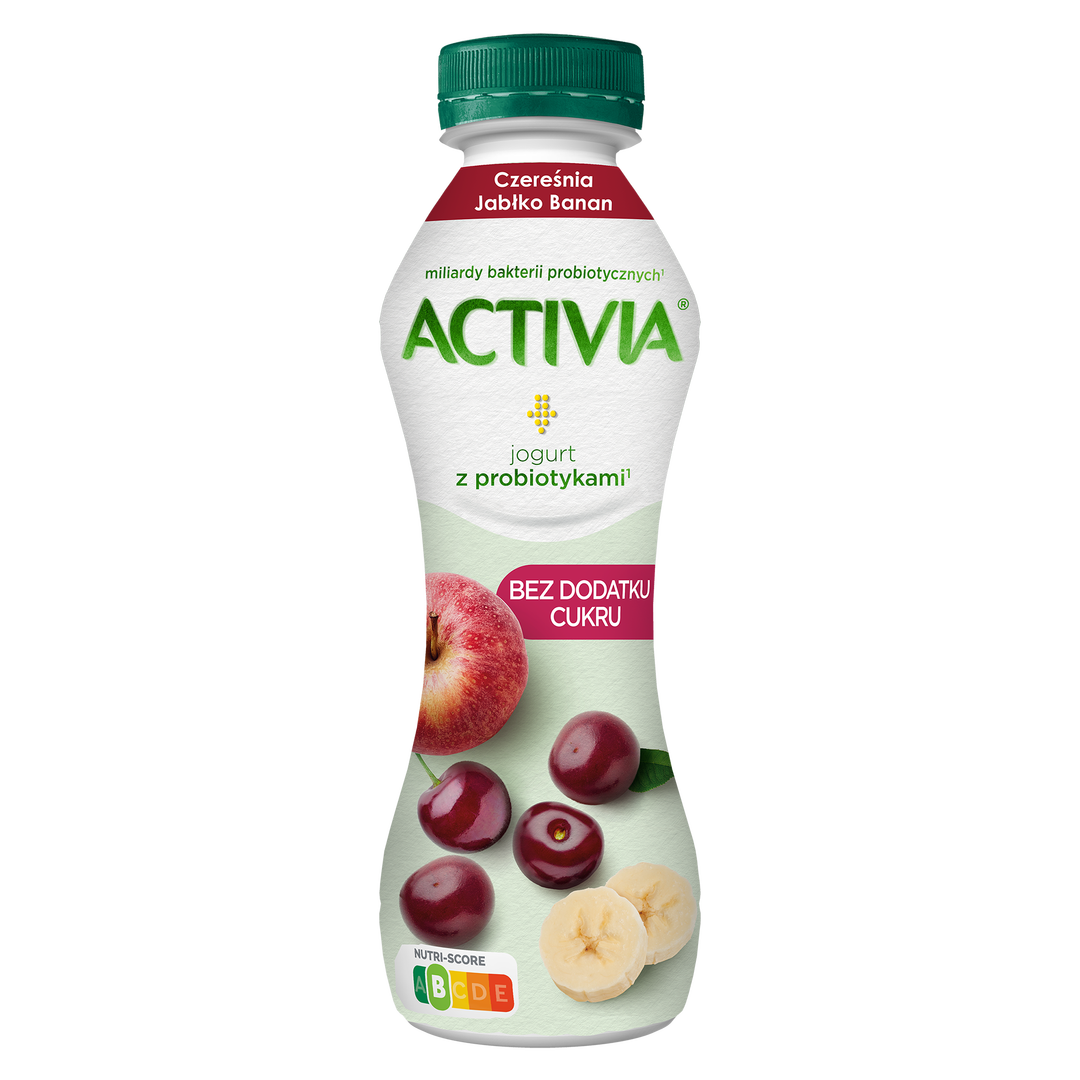 Czereśnia Jabłko Banan to jeden z dwóch smaków bezcukrowych jogurtów Activia.