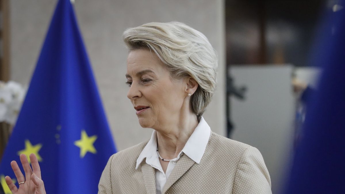 Na zdjęciu Ursula von der Leyen na tle unijnej flagi