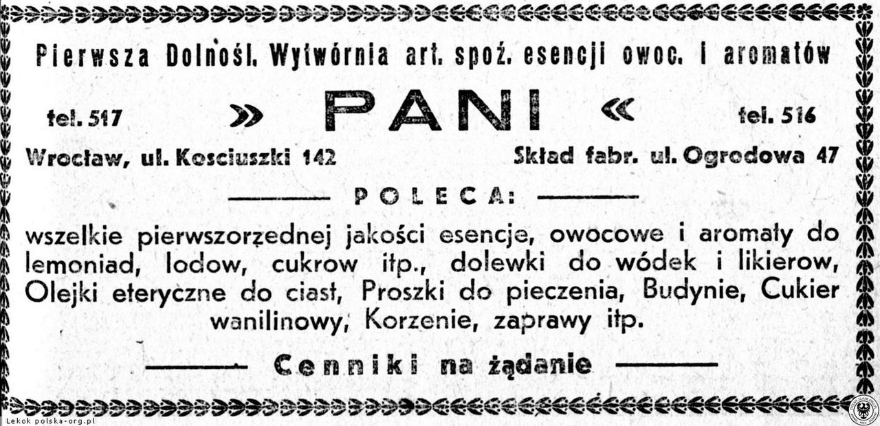 Sklep PANI mieścił się przy ulicy Kościuszki 142, skład fabryczny przy dzisiejszej ulicy Piłsudskiego 47, gdzie właśnie odsłonięty został napis sprzed lat. Uwagę zwracają trzycyfrowe numery telefonów