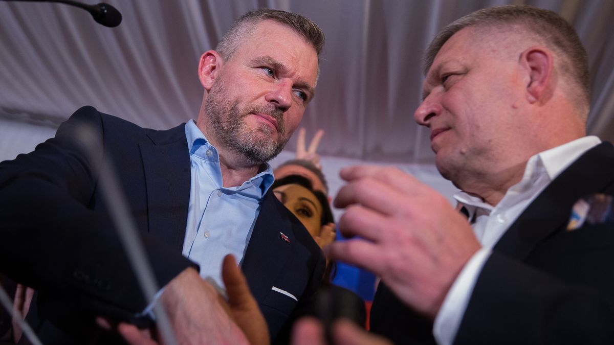 BRATISLAVA, SLOVAKIA - APRIL 7: Prime minister of Slovakia, Robert Fico, congratulates Peter Pellegrini after he won the presidential election on April 7, 2024 in Bratislava, Slovakia. Slovakians voted this Saturday in the second round of voting for their new president. The contest was between pro-European diplomat Ivan Korcok, who came top in the first round with 42.5% of the votes, and social democrat Peter Pellegrini, the current speaker of parliament. Peter Pellegrini received 53.12% of votes leaving Ivan Korcok on the second place with 46.88% votes after counting of all ballots. In total, 61.14% voters took part in the election out of all eligible voters. (Photo by Zuzana Gogova/Getty Images)