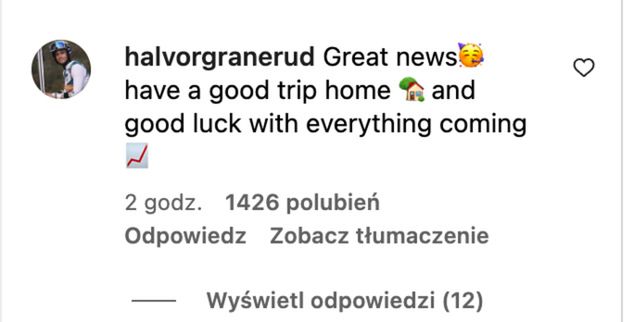 Komentarz Halvora Egnera Graneruda na Instagramie
