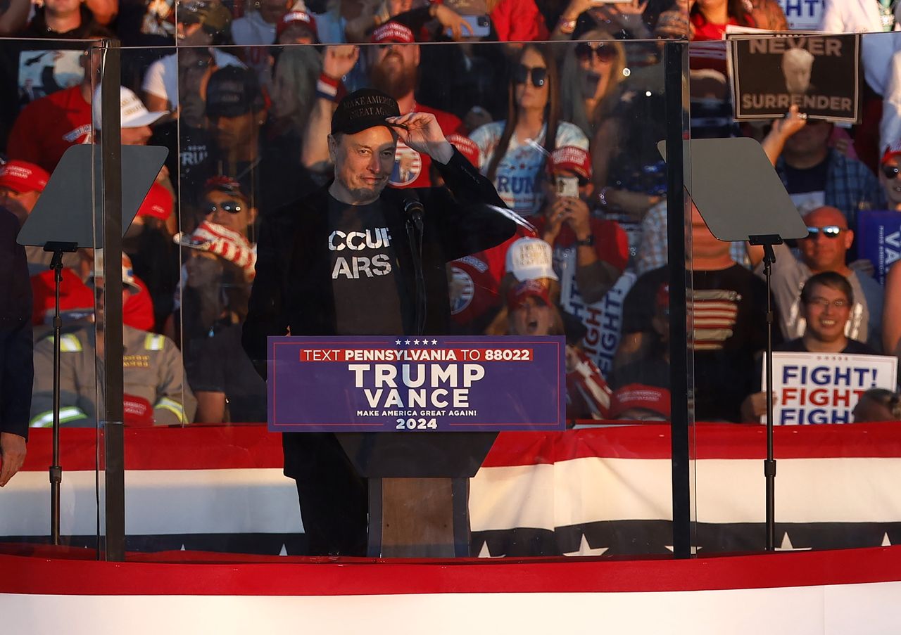 BUTLER, PENNSYLVANIA - OCTOBER 05: Tesla CEO Elon Musk endorses Republican presidential nominee, former President Donald Trump during a campaign rally at the Butler Farm Show fairgrounds on October 05, 2024 in Butler, Pennsylvania. This is the first time that Trump has returned to Butler since he was injured during an attempted assassination on July 13th. (Photo by Kevin Dietsch/Getty Images)