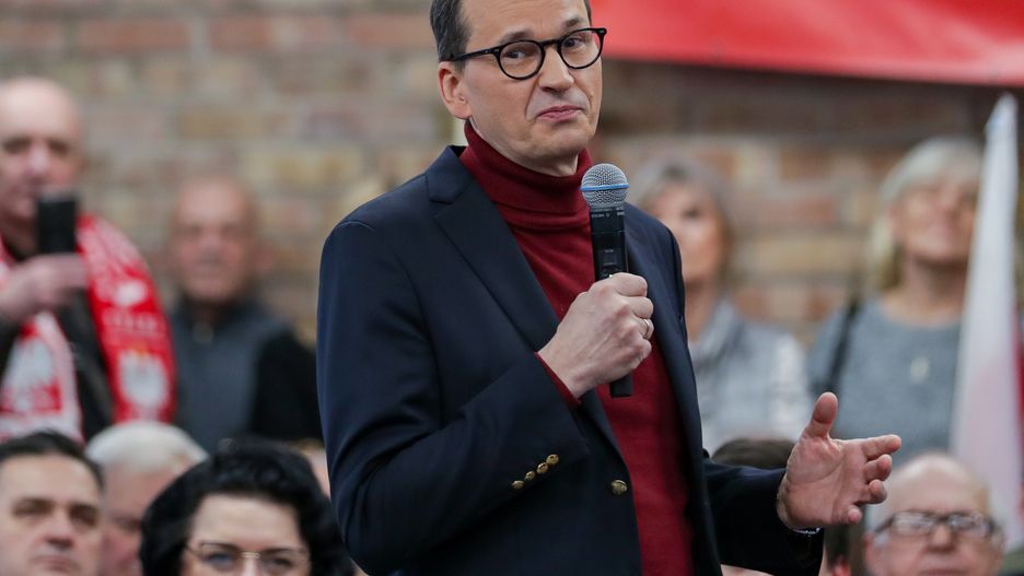 KATOWICE, POLAND - 2024/01/27: Mateusz Morawiecki, delivers a speech to the residents of Katowice during a meeting called "Let's Be Together" campaign. (Photo by Grzegorz Wajda/SOPA Images/LightRocket via Getty Images)