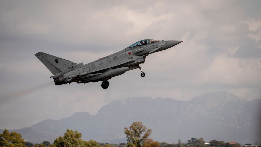 NATO Ramstein Flag 24 Air Defense Training Excercise
A French Air Force Eurofighter Typhoon fighter jet takes off during the Ramstein Flag 24 North Atlantic Treaty Organization (NATO) military air defense training exercise, at Andravida Airbase near Andravida, Greece, on Thursday, Oct. 10, 2024. Ramstein Flag 24 is a new NATO 'flag series' exercise which will bring together 4th/5th gen fighter jets from 13 Allies, Naval and Land forces to train on sophisticated high-end air defence tactics. Photographer: Hilary Swift/Bloomberg via Getty Images
Bloomberg
emea, airplanes, jets, aviation, industries, euro members, airlines, e.u., eu, north atlantic treaty organisation, nato, transportation and logistics, defense, european, greek, jet, war, military actions, aeroplane, government news, plane, business news