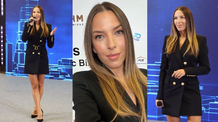 Ewa Chodakowska odsłania nogi w eleganckiej marynarko-sukience na kongresie Polska Moc Biznesu