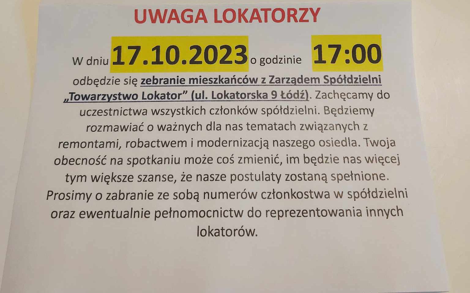 Ulotka informująca lokatorów o zebraniu ze Spółdzielnią