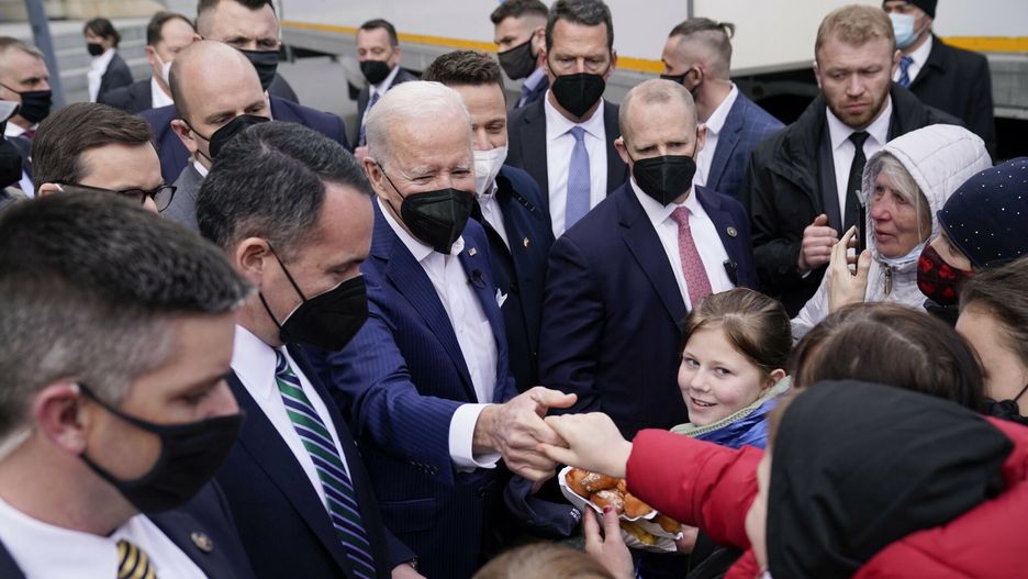 TemporaryPresident Joe Biden meets with Ukrainian refugees and humanitarian aid workers during a visit to PGE Narodowy Stadium, Saturday, March 26, 2022, in Warsaw. (AP Photo/Evan Vucci)AP