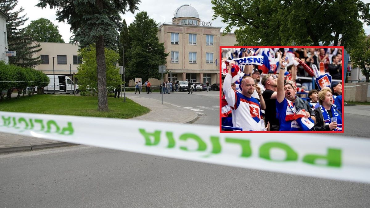 PAP/EPA /  EPA/JAKUB GAVLAK/ Photo by Foto Olimpik/NurPhoto via Getty Images / Na zdjęciu: miejsce zamachu na premiera Słowacji Robert Fico, w ramce: słowaccy kibice hokeja na MŚ Elity w Czechach