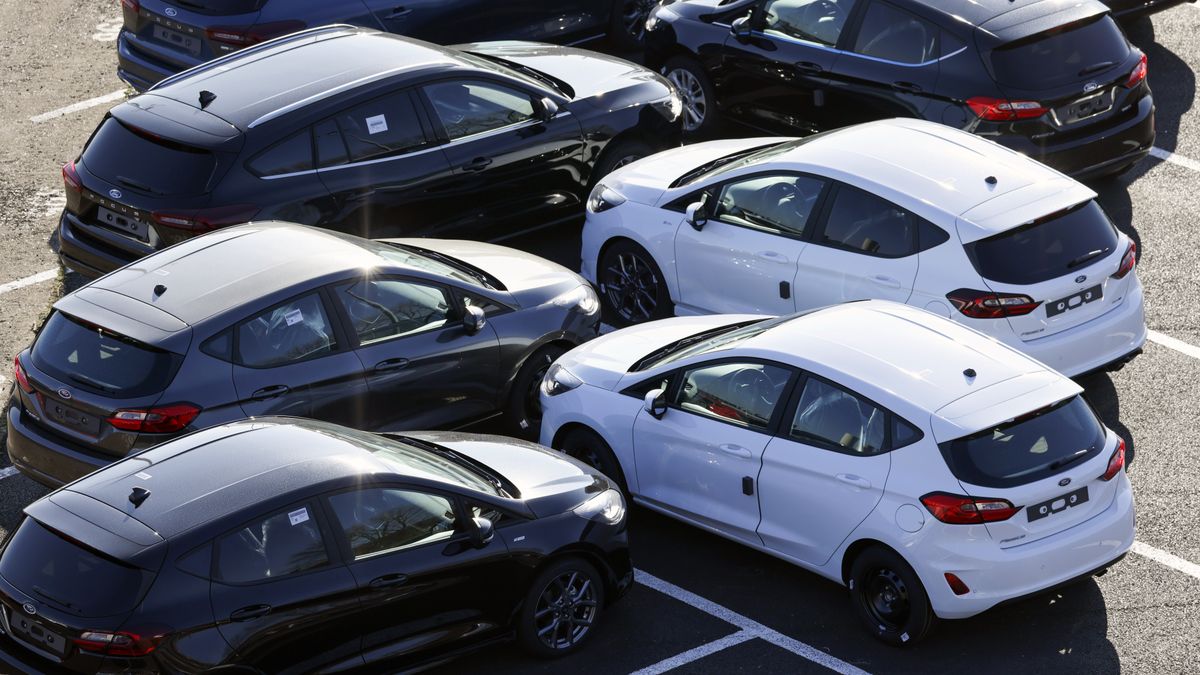 Lines of new Ford Fiesta automobiles in a lot at the Ford Motor Co. plant in Cologne, Germany, on Tuesday, Feb. 14, 2023. Ford will dismiss some 11% of its workforce in Europe in the latest sign of industrial disruption caused by the automotive sectors shift to electric vehicles. Photographer: Alex Kraus/Bloomberg via Getty Images