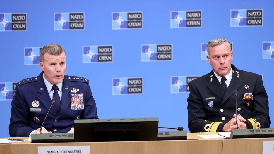 BRUSSELS, BELGIUM - MAY 19: Chair of the NATO Military Committee Rob Bauer (R), NATO's supreme allied commander Tod D. Wolters (L) and NATO Supreme Allied Commander for Transformation (SACT) General Philippe Lavigne (not seen) hold a joint press conference at NATO Headquarters in Brussels, Belgium on May 19, 2022. (Photo by Dursun Aydemir/Anadolu Agency via Getty Images)