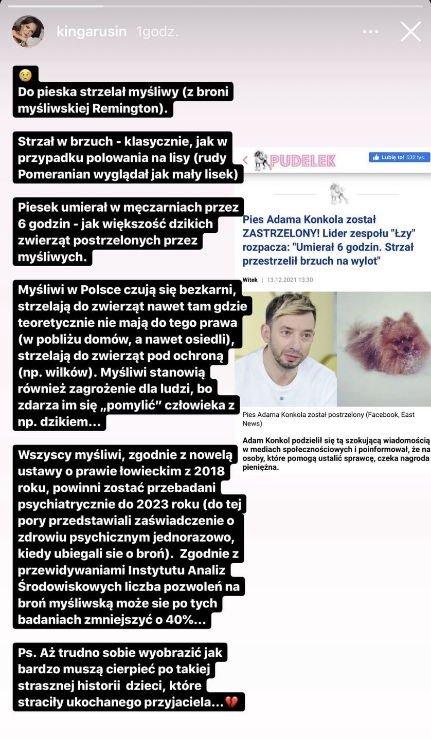 Kinga Rusin jest poruszona tragiczną śmiercią pieska Adama Konkola. "Myśliwi w Polsce CZUJĄ SIĘ BEZKARNI"