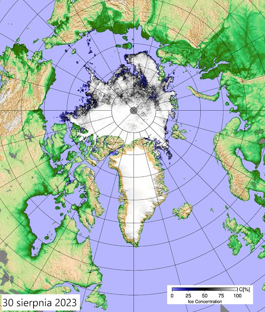 Zasięg arktycznego lodu morskiego. Stan na 30 sierpnia 2023
