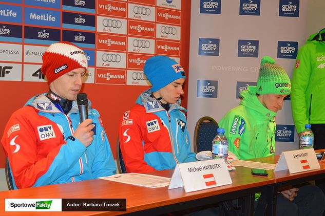 Michael Hayboeck, Stefan Kraft i Peter Prevc podczas konferencji prasowej