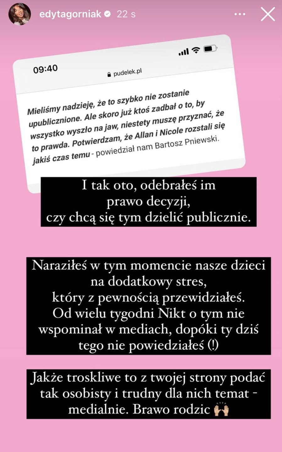 Edyta Górniak potępiła zachowanie Barta Pniewskiego