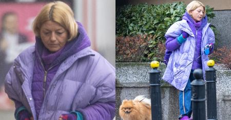 Dawno niewidziana Edyta Olszówka przemierza Warszawę bez makijażu i z psem. Przywołuje wiosnę w fioletowej stylizacji? (ZDJĘCIA)