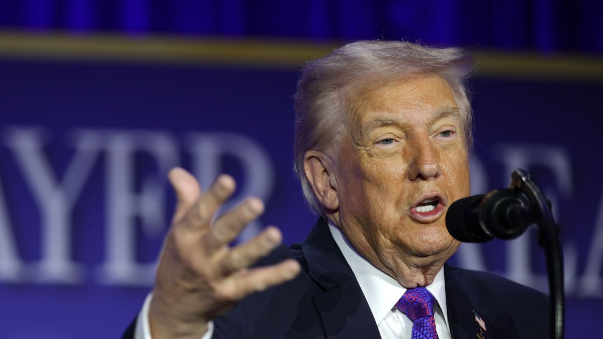 WASHINGTON, DC - FEBRUARY 05:  U.S. President Donald Trump speaks during the 74th annual National Prayer Breakfast at the Washington Hilton on February 5, 2026 in Washington, DC. President Trump is joined by bipartisan Congressional members, business, and religious leaders to pray for the nation. (Photo by Alex Wong/Getty Images)