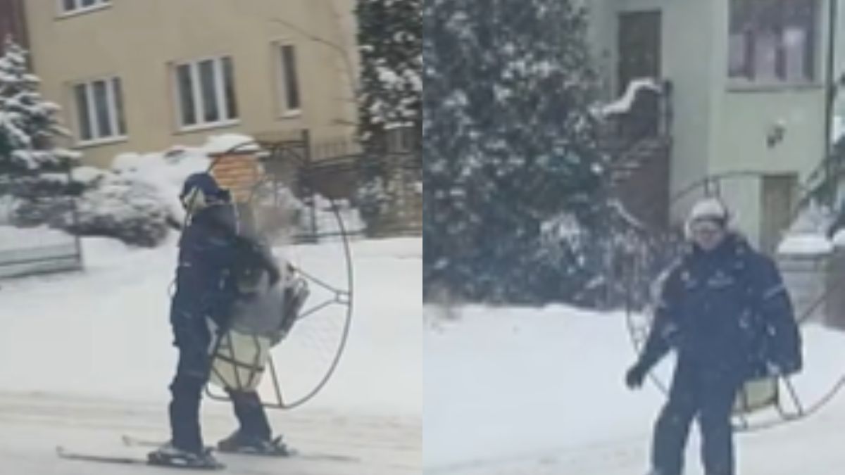 Mężczyzna poruszał się po drodze z silnikiem na plecach.