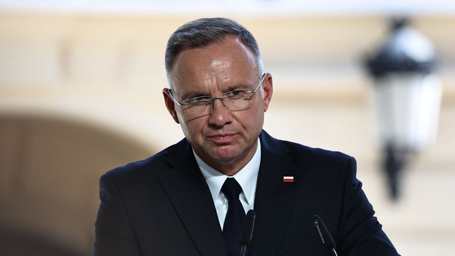 KYIV, UKRAINE - AUGUST 24: Andrzej Duda, President of Poland, takes part in a joint briefing on the 33rd anniversary of the independence of Ukraine on August 24, 2024 in Kyiv, Ukraine. On August 24, Ukraine celebrates its 1991 declaration of independence from the USSR. For security reasons, no large mass events were held in Kyiv on this day, except some solemn activities. (Photo by Yan Dobronosov/Global Images Ukraine via Getty Images)