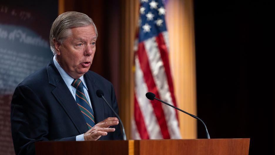 WASHINGTON, USA - JULY 28: Senator Lindsey Graham and United States Senator Richard Blumenthal (not seen) during a news conference on a bill to designate Russia a state sponsor of terror at the US Capitol on July 28, 2022 in Washington, DC. (Photo by Nathan Posner/Anadolu Agency via Getty Images)