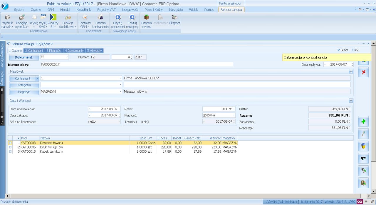 Wystarczy kliknąć przycisk Import, aby dane z faktury pojawiły się w wykorzystywanym przez niego oprogramowaniu, w tym przypadku Comarch ERP Optima.