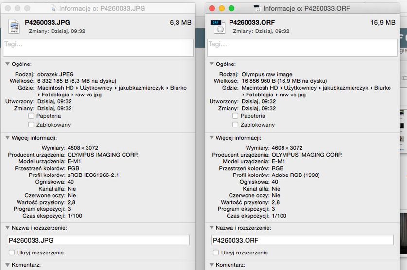 porównanie wielkości tego samego zdjęcia w formatach RAW i JPG